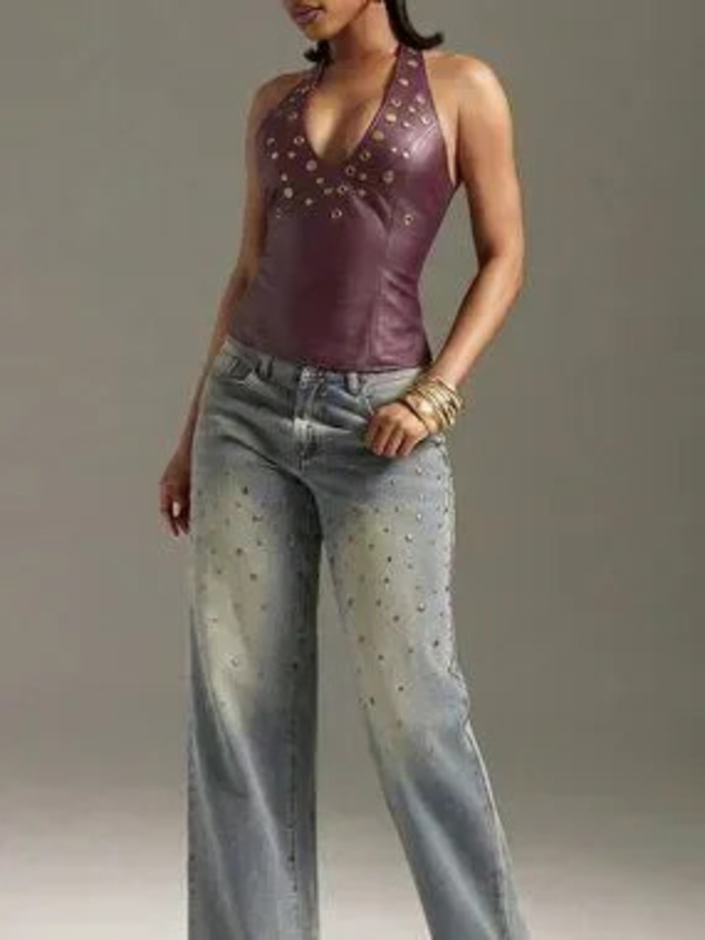 Red Violet Casual Women's Studded Faux Leather Halter Top